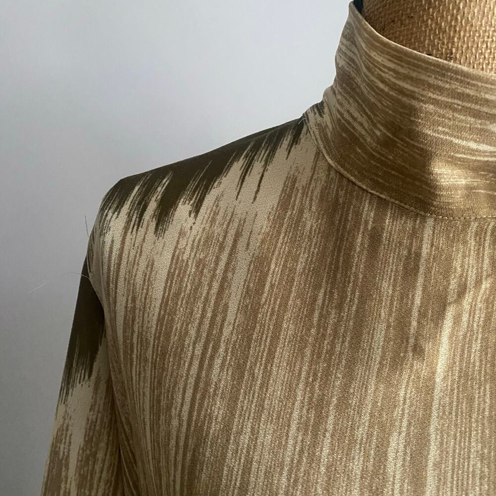 Vintage 70s Abstract Midi Dress High Neck Side Bow Olive Taupe M - Picture 7 of 17
